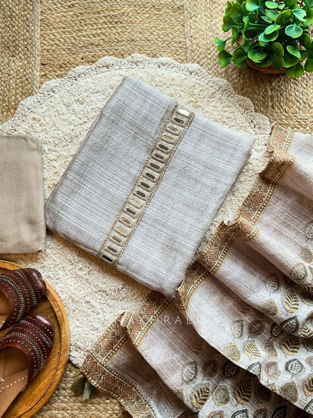 Nayra Beige Mirror Work Dress Material Set with Woven Dupatta