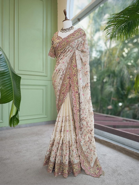 Aroha Cream Embroidered Saree with Stone Work