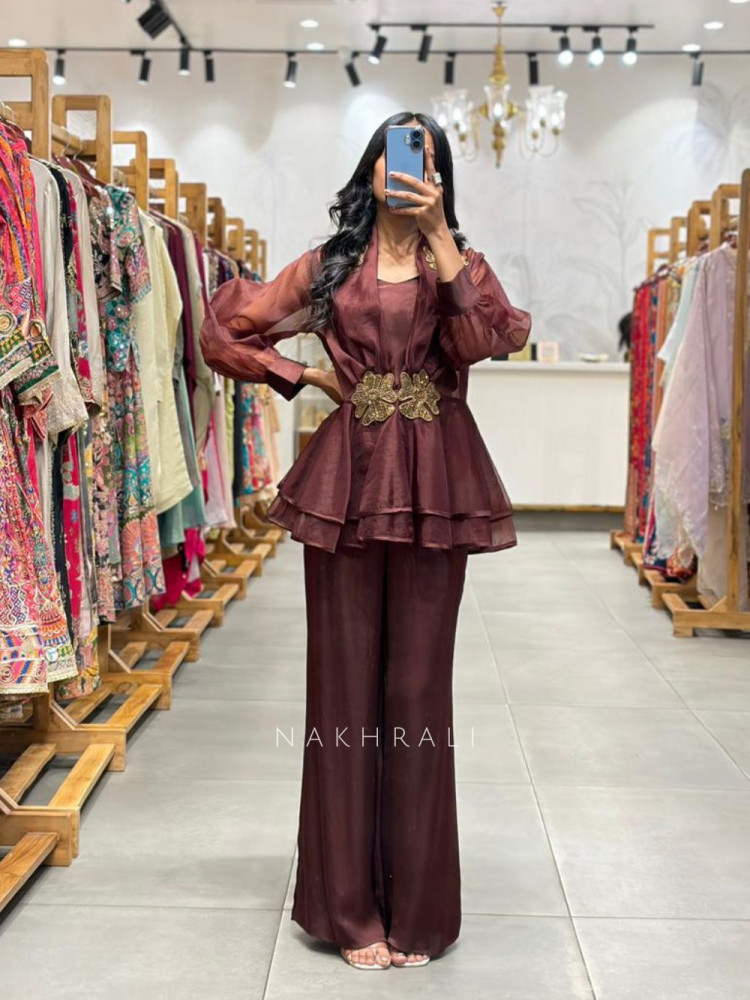 Image of Zarvyn Brown Organza Co-ord Set with Floral Patch Work and Balloon Sleeves