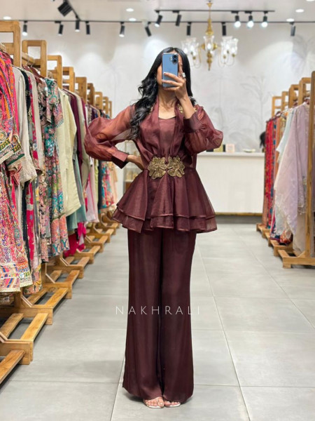 Zarvyn Brown Organza Co-ord Set with Floral Patch Work and Balloon Sleeves