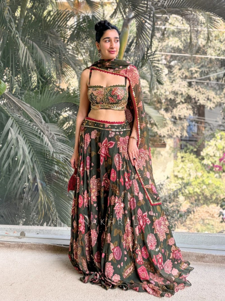 Tiya  Green Floral Lehenga Set with Embellished Blouse