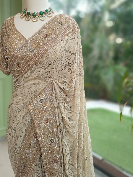 Sereia Beige Chantilly Lace Designer Saree with Readymade Blouse