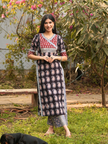 Yasmin Black Cotton Kurta with Sequin Patch Work