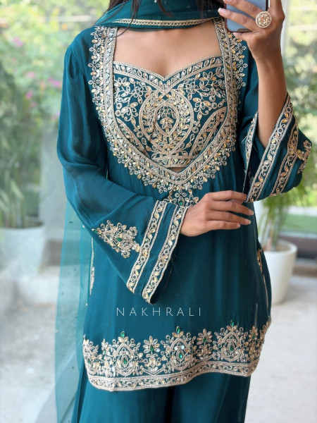 Nazneen Teal Green Fendy Silk Sharara Set