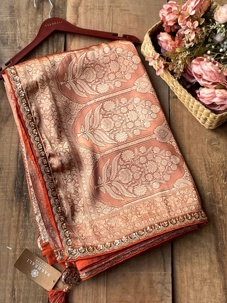 Rivora Brick Zari Woven Saree with Ornate Border Design