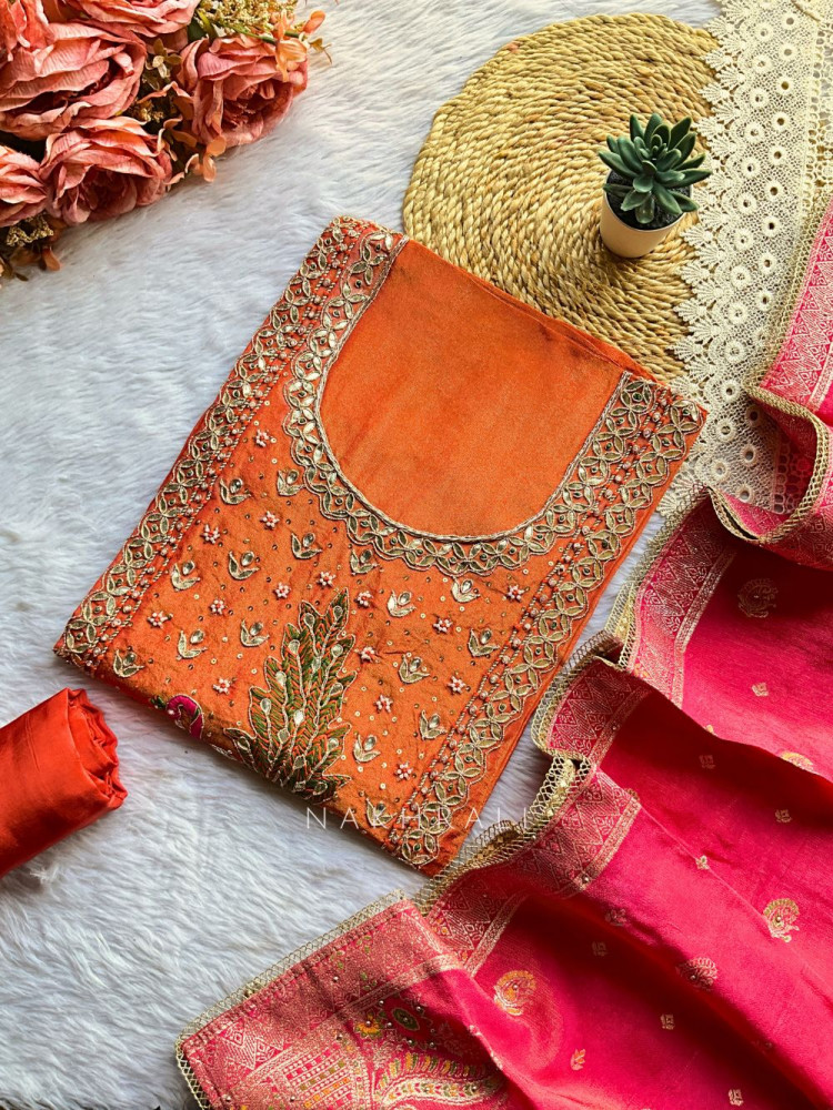 Image of Prisha Orange Dress Material with Gota Patti and Sequin Work