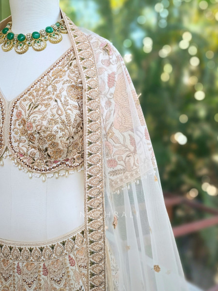 Elara Beige Bridal Indo Western Lehenga with Thread, Stone and Sequin Embroidery