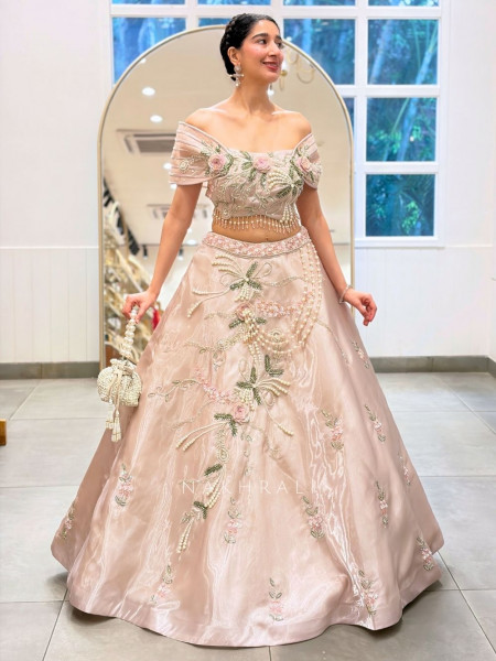 Rosamund Light Pink Tissue Silk Blend Indo Western Lehenga  With 3D Floral Pearl Embroidery