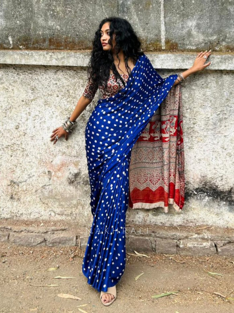 Image of Niyati Blue Modal Saree with Ajrakh Pallu