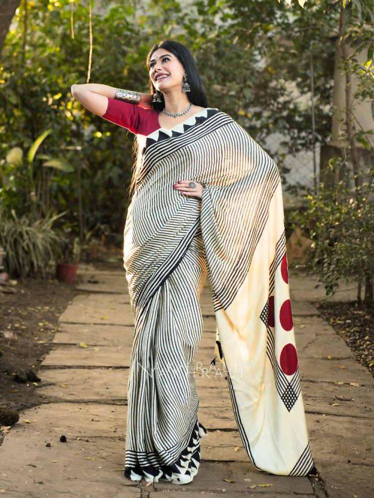 Image of Lehar Cream Modal Saree with Printed Design