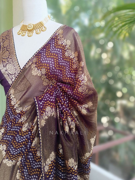 Morvyn Purple Saree with Bandhani Print and Zari Weave