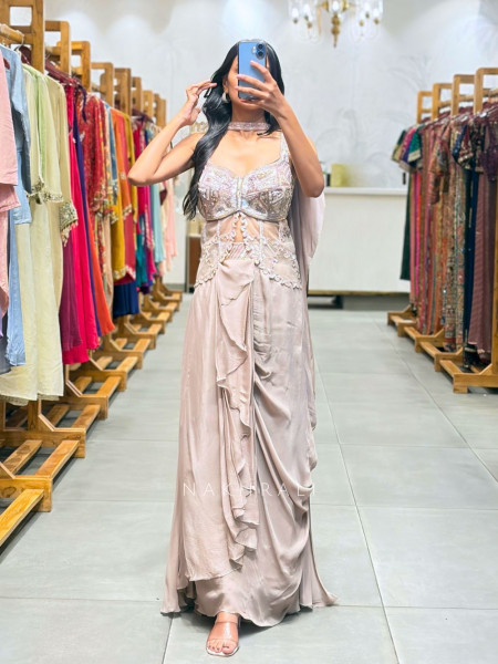 Kymera Beige Indo-Western Drape Skirt Set with Sequin Work