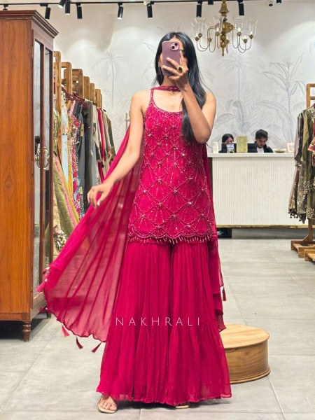 Amaira Magenta Sequin & Beaded Suit Set