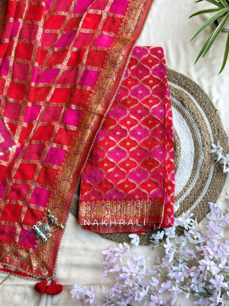 Rang-Kosh  Red Bandhani Pure Georgette Dress Material
