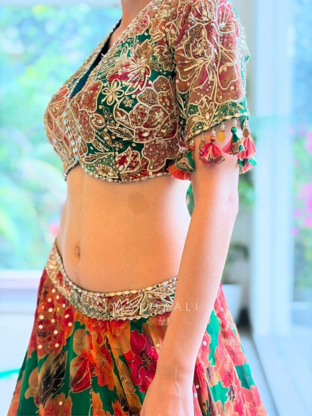 Gulnaar Green Mirror Work Lehenga Set
