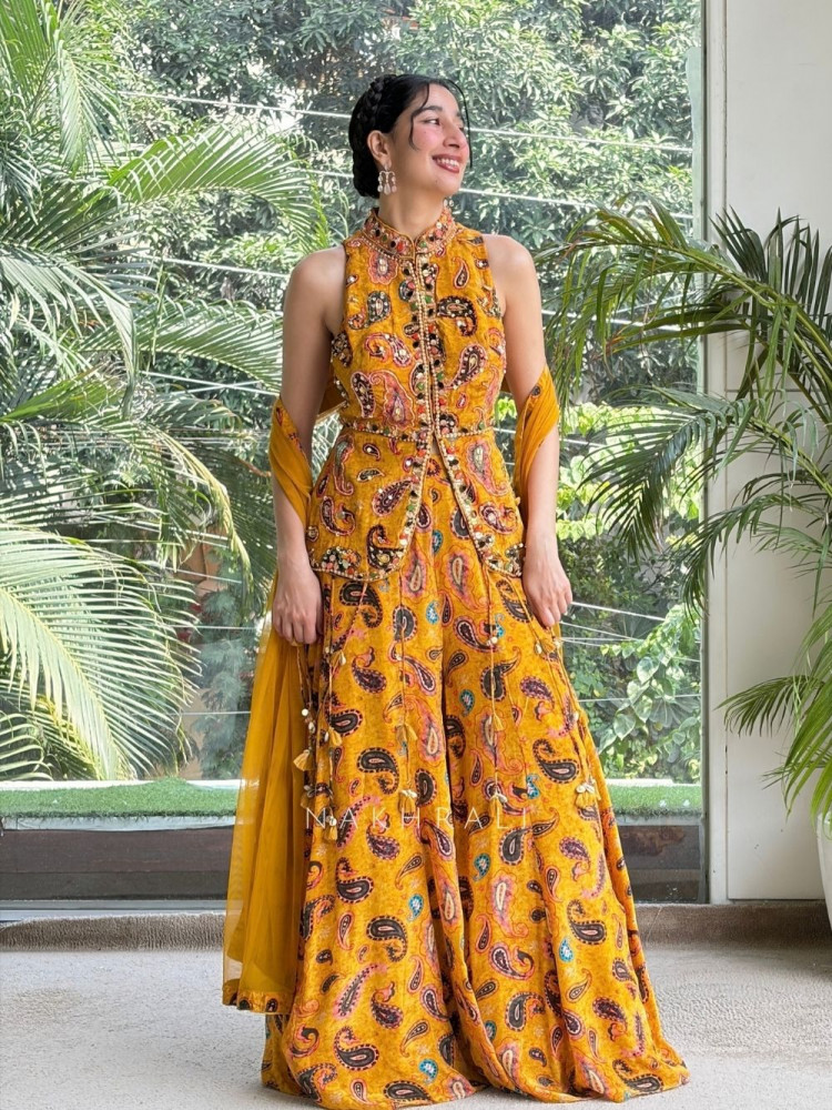 Image of Ila Teal Mustard Indo-Western Palazzo Set