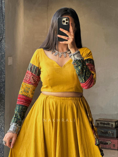 Jugni Yellow Block Printed Cotton Chaniya Choli