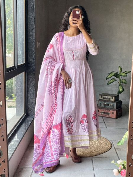 Mishka Pink Cotton Anarkali Suit Set with Print Work