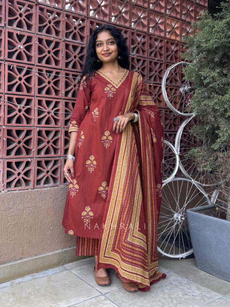 Tivora Maroon Cotton Suit Set with Floral Print