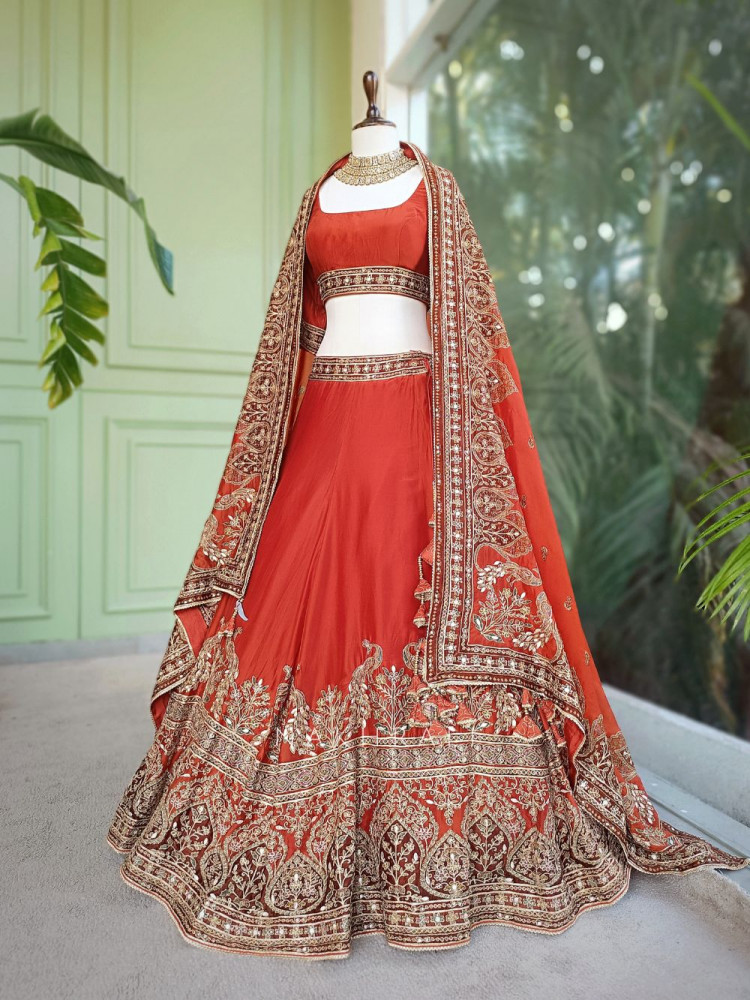 Image of Vrishti Brick Lehenga Set with Peacock and Sequin Embroidery