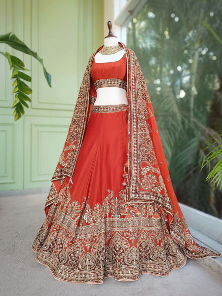 Vrishti Brick Lehenga Set with Peacock and Sequin Embroidery