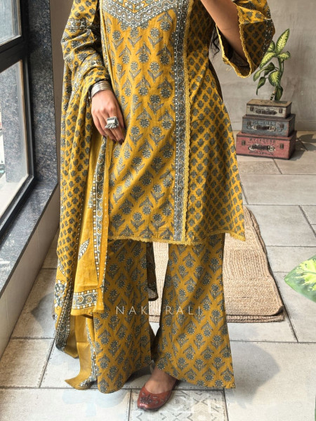 Tarin Mustard Cotton Suit Set with Floral Print