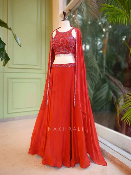 Tivara Orange Thread and Cut Dana Embroidered Lehenga Set