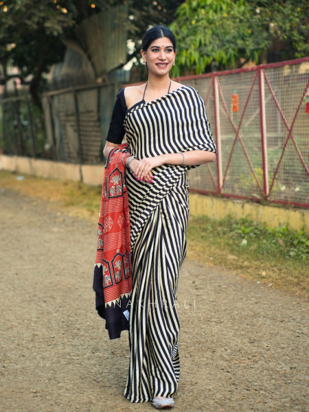 Nivara Black Modal Saree with Stripe and Printed Border
