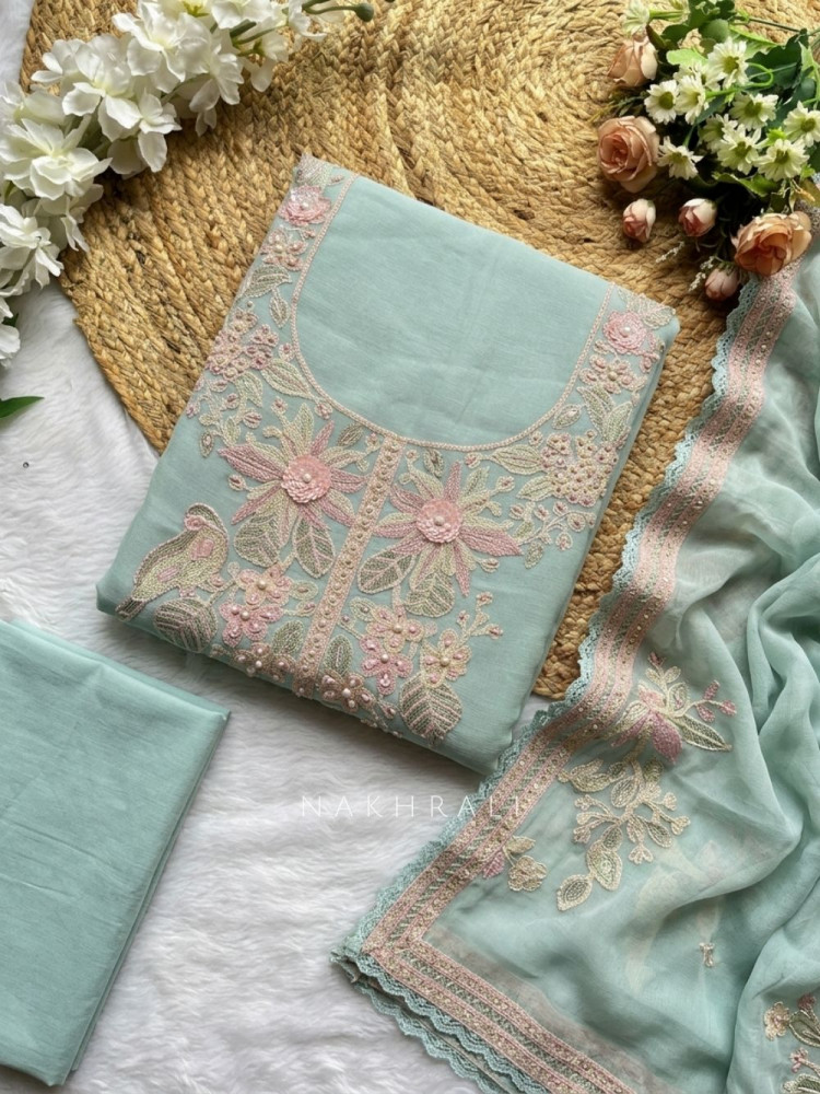 Image of Lunora Firozi Floral Embroidered Dress Material with Pearl Detail