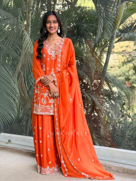 Brivya Orange Georgette Sharara Suit Set with Sequin Zari Work