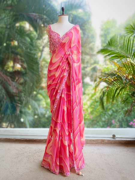 Roselia Pink Abstract Saree with Sequin Embellished Blouse