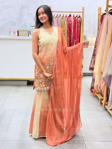 Kesarika Veil Orange Suit Set – Detailed Sequin Work