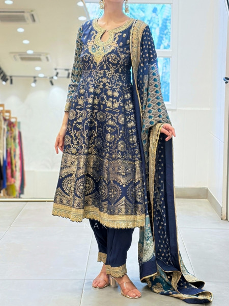 Dariya Navy Blue Silk Brocade Short Anarkali Suit