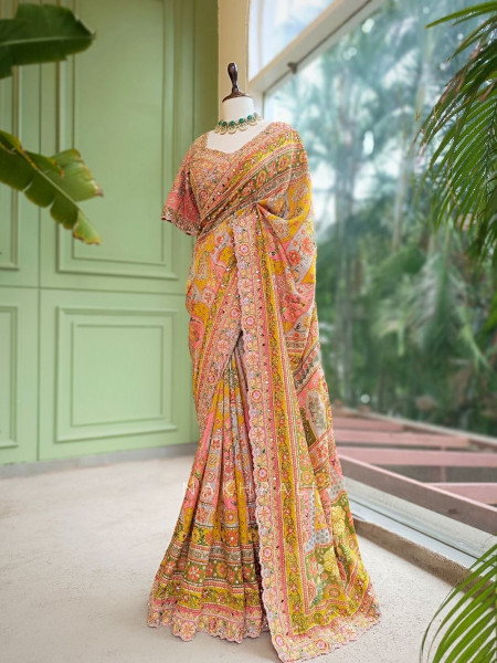 Basant Multicolor Printed Saree with Sequin Embroidery