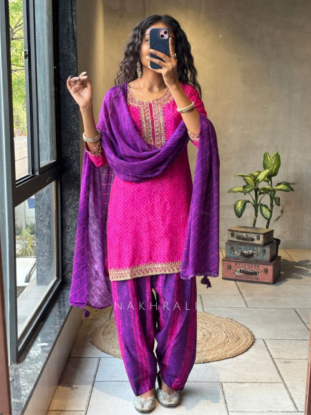 Rivkara Magenta Bandhej Suit Set with Golden Embroidery and Bead Work