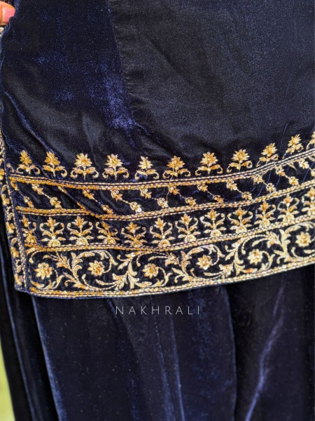 Valencia Navy Blue Velvet Kurta Palazzo Set with Zari Sequin Work