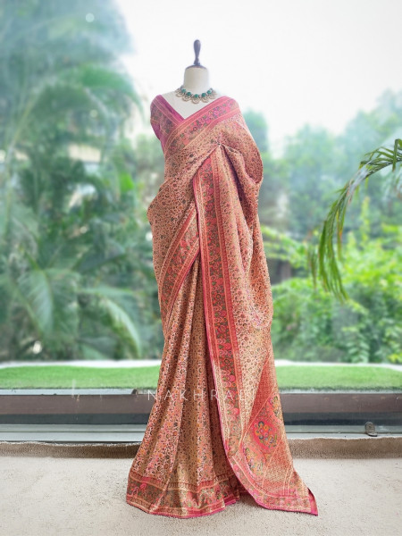 Gulnoor Pink Meenakari Jangla Banarasi Silk Saree