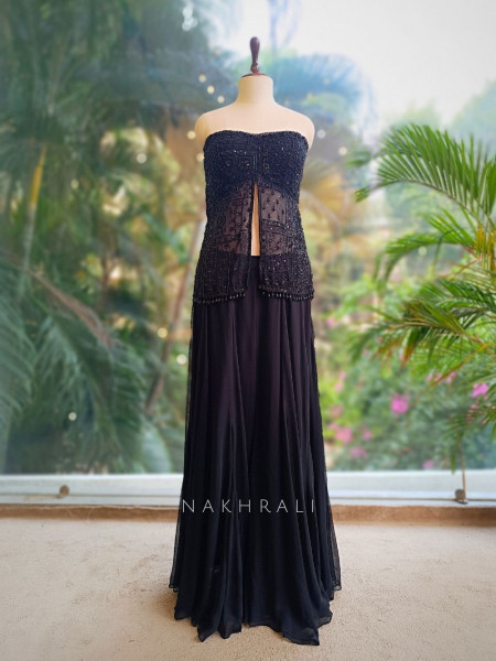 Nocturne Black Embellished Crop Top Palazzo Set