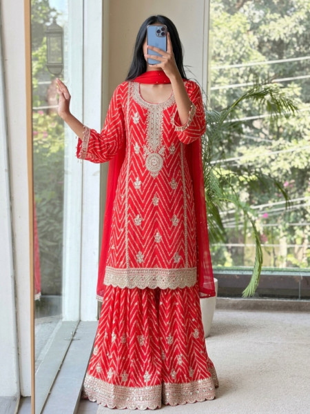 Bib-Style Orange Georgette Sharara Suit Set