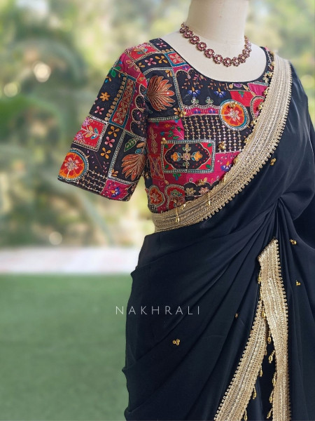 Rati Black Saree with Gota Patti Border & Multicolor Embroidered Readymade Blouse