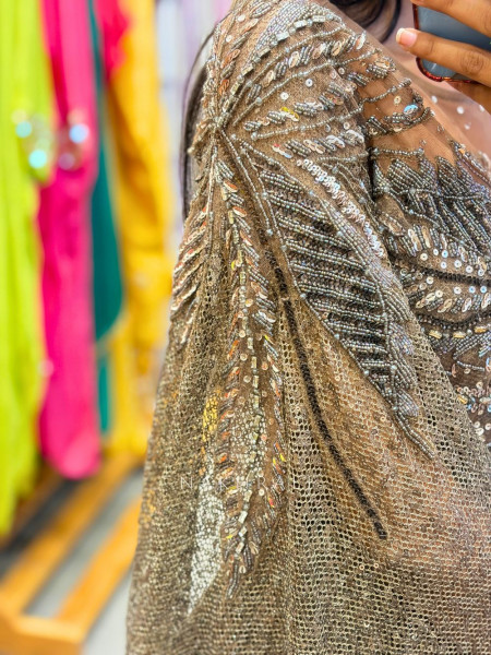 Ilyra Brown Embellished Drape Gown with Cape Detail