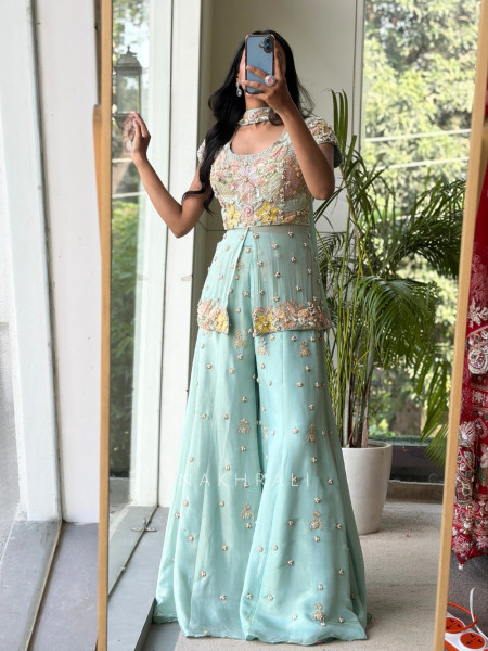 little flower Sky Blue Viscose Georgette Indo Western Sharara Set