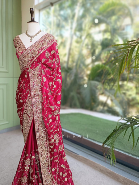 Rubani Aks Deep Red Crepe Saree