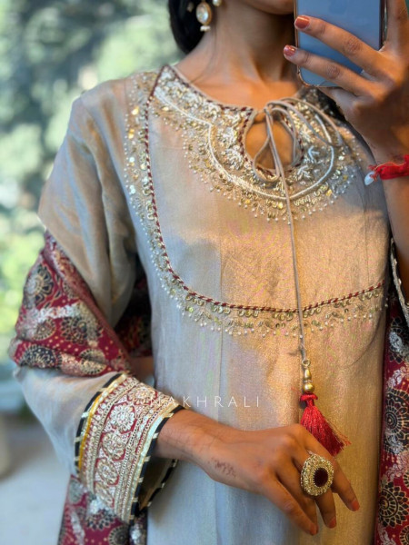 Kiyana Grey Tissue Kurta Palazzo Set with Banarasi Dupatta