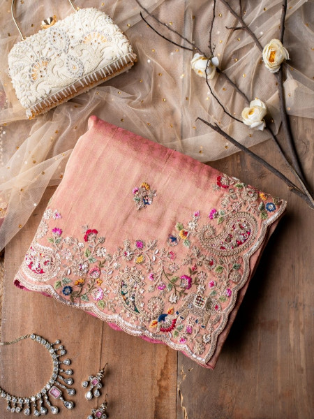 Gajgamini Peach Tissue Saree with Embroidery and Zari Sequin Work