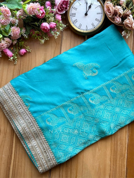 Tavira Rama Saree with Broad Border and Unstitched Blouse Piece