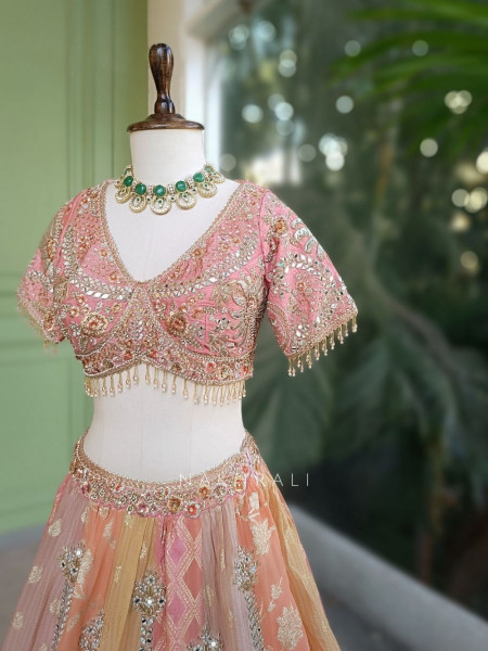 Zivara Peach Lehenga Set with Mirror and Gota Work