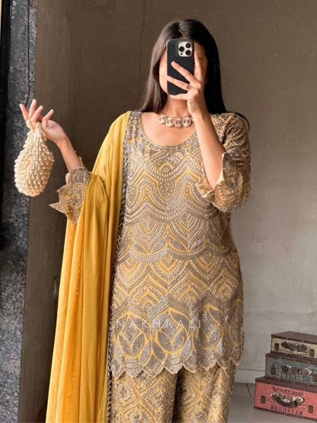 Nayra Mustard Suit Set with Cut Dana & Bead Work