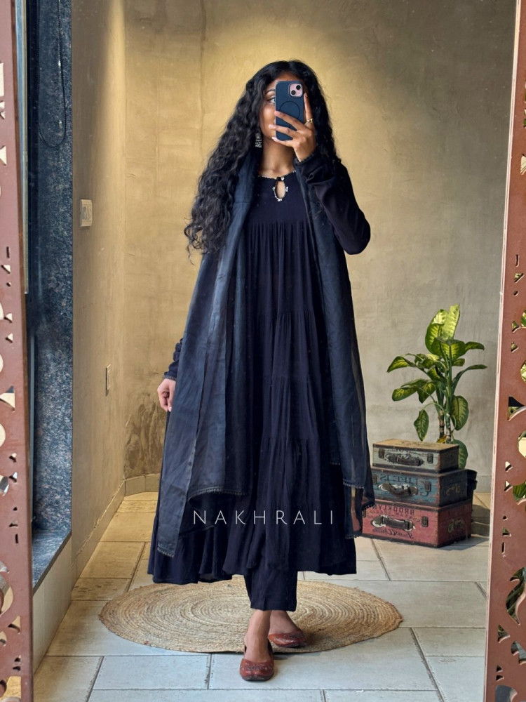 Image of Calira Black Cotton Anarkali Suit Set with Organza Dupatta