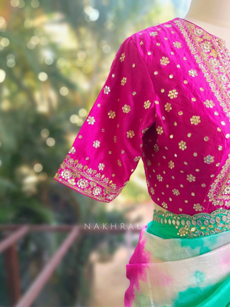 Rangriti Firozi Leheriya Saree with Sequin Gota Blouse